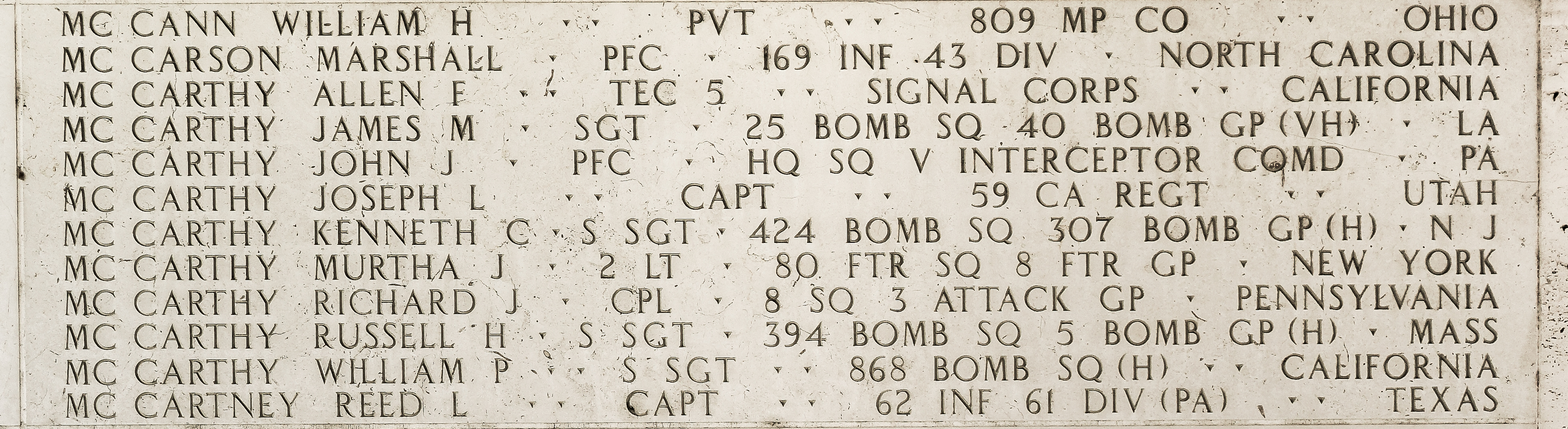 Murtha J. McCarthy, Second Lieutenant